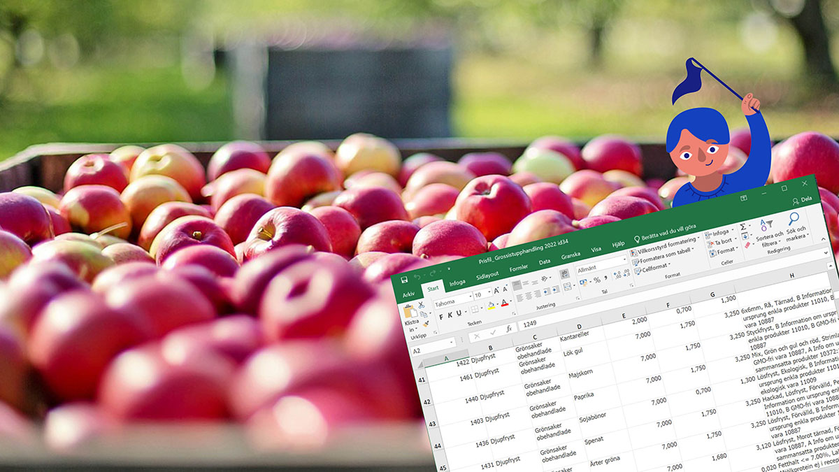 Grossistfil i Excel, med äpplen i bakgrunden