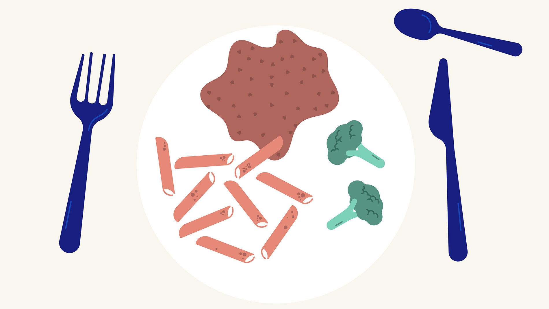 Illustration av en tallrik med pasta, kött och broccoli.