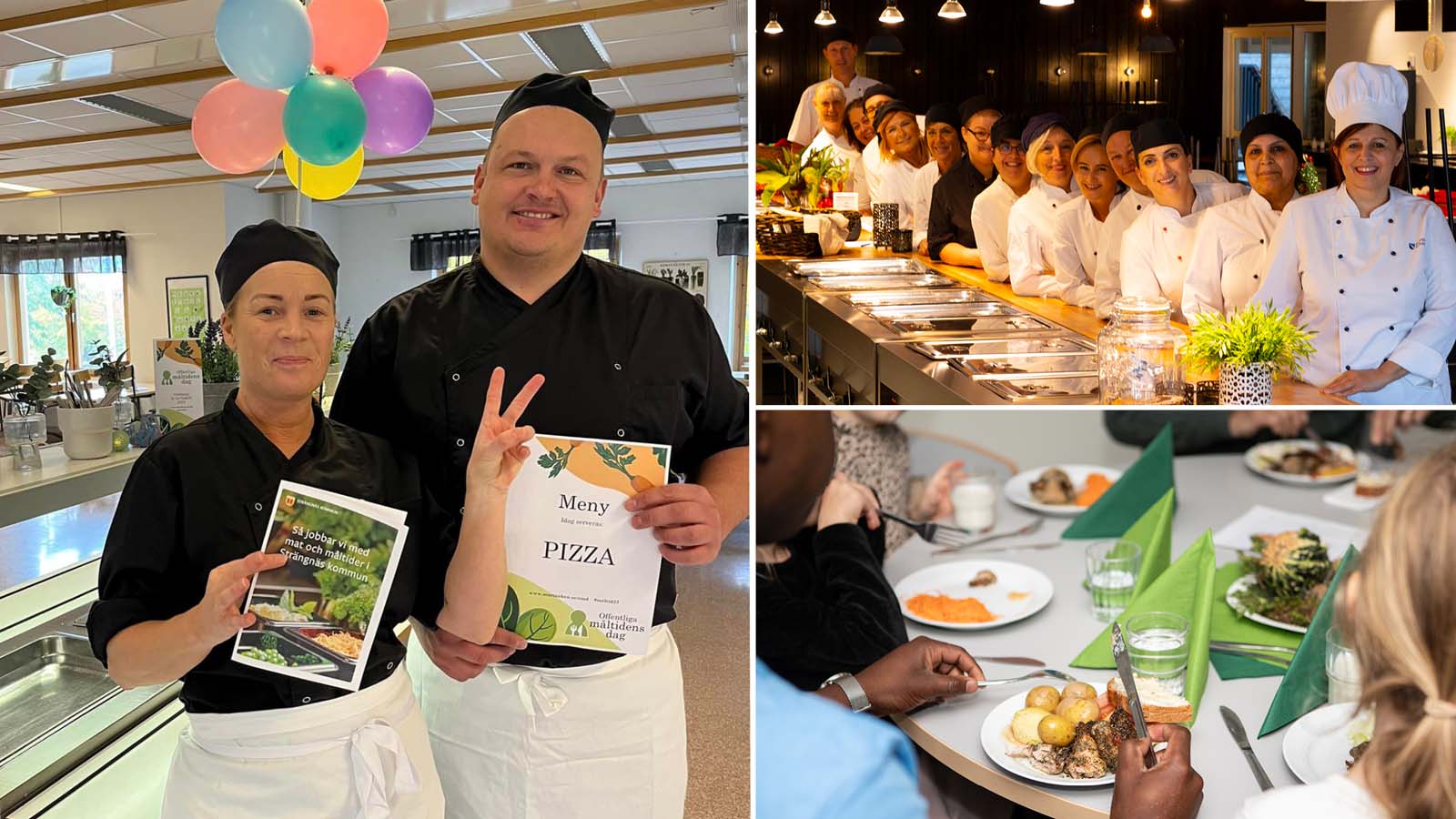 Montage av tre bilder från firandet av Offentliga måltidens dag. På bilderna syns stolta kockar vid serveringsdiskar, samt matgäster vid ett fint dukat bord.