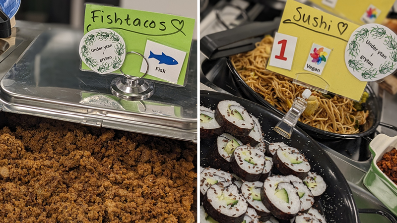 Servering i skolrestaurang med fishtacos och sushi