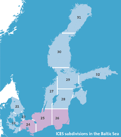 Karta över Östersjöns delområden.