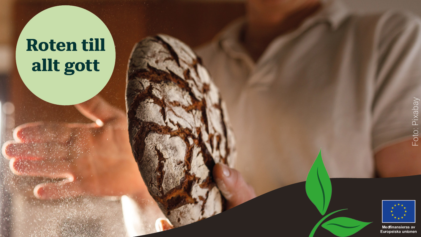 beskuren bild, en person som bakar bröd. Hen har ett nybakat bröd i sina händer. Det yr av mjöl.