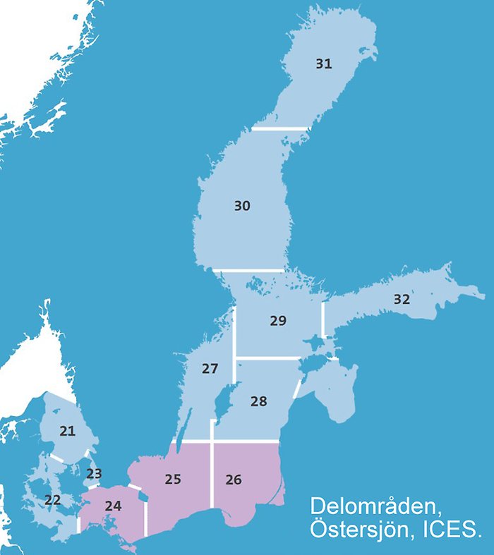 Karta som visar en områdesindelning av Sveriges fiskevatten