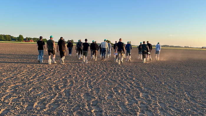 Ett gäng lantbrukare går över marken mot en klarblå himmel