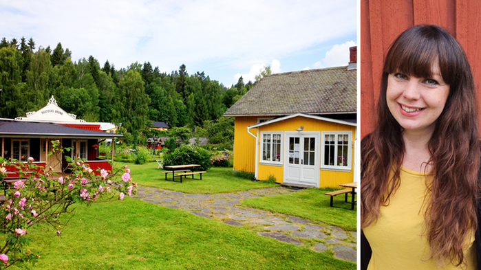 Två bilder i ett kollage. Till vänster en bild på en gul villa. Till höger en porträttbild på Eva Petrén.