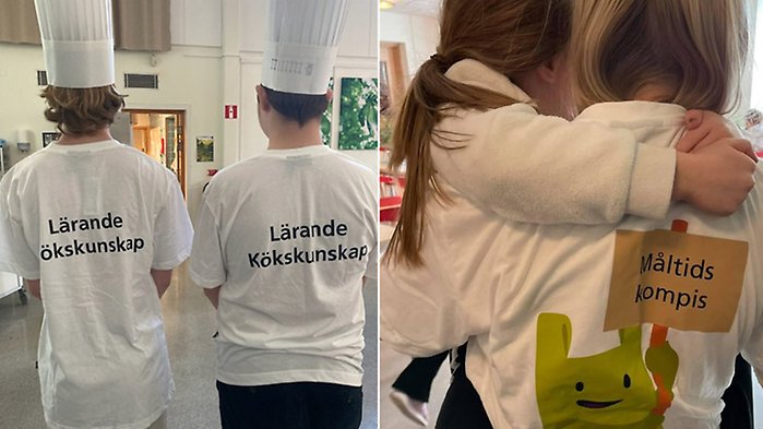 Bild till vänster: Två elever med kockmössor och t-shirts. De står med ryggen mot kameran. Bild till höger: Två elever kramas, den ena har en måltidskompis-t-shirt.