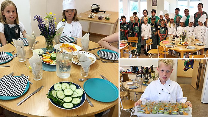 Collage med barn och lärare i kök på kockfritids