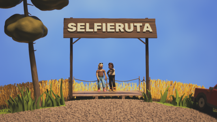 Två kvinnor vid ett rapsfält. Över dem står skylten "Selfieruta".