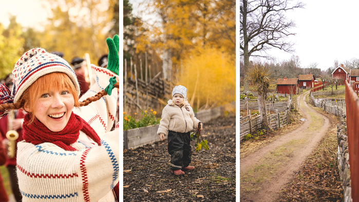 Tre bilder: Pippi Långstrump, en liten flicka med en rödbeta och vandringsled i kulturmiljö i Småland.