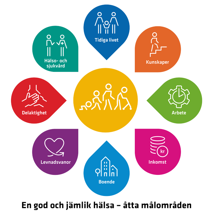 Målområdesillustrationen består av nio delar som tillsammans bildar en cirkel (blomman). Cirkeln symboliserar att alla målområden behövs för att skapa en god och jämlik hälsa i hela befolkningen. De olika delarna i cirkelns ytterkant (blombladen) representerar de åtta folkhälsopolitiska målområdena. Cirkeln i mitten representerar livsloppsperspektivet och symboliserar behovet av en god och jämlik folkhälsa genom hela livet.