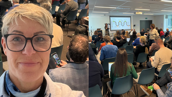 Jennie Cederholm Björklund syns på bild med konferensens deltagare i bakgrunden