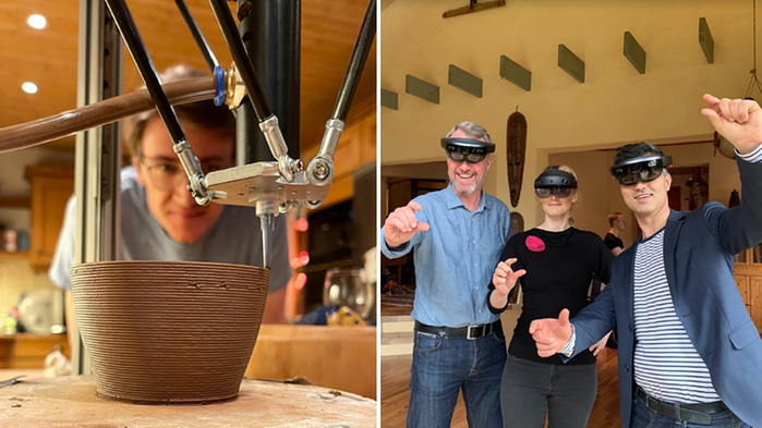 Kollage. Den ena bilden visar en man tittar på en 3D-skrivade som skriver ut en kruka. Den andra bilden visar tre personer med VR-glasögon.