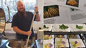 Montage med bild på köksmästare Robbin Höglund och foto på smakprover på grönsaker och en inspirationslåda med örter, oljor mm.