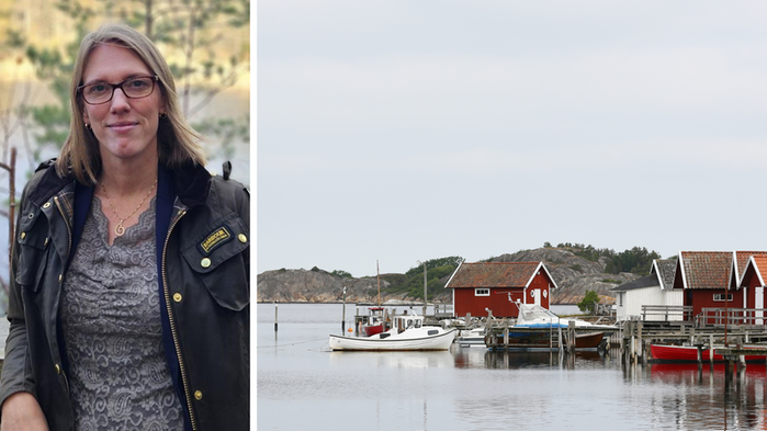 Kollage. Porträttbild kvinna. En mindre hamn.