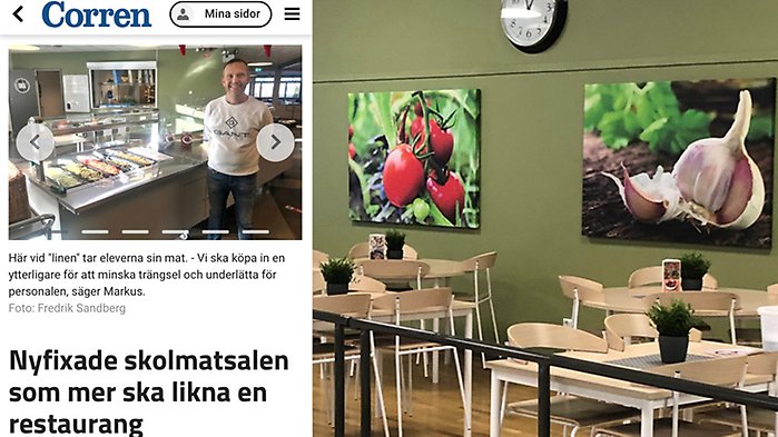 Montage: En artikelsida från tidningen ÖstgötaCorren och en bild över nyrenoverad skolmatsal i Boxholm.