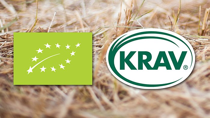 Två logotyper mot vit bakgrund: EU-lövet och KRAV-märket.