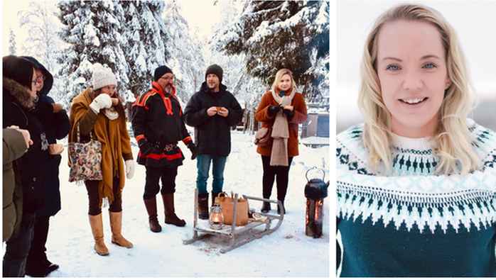 Kollagebild. Människor som dricker kaffe i  ett snölandskap, varav en av dem är klädd i samiska kläder. Till höger syns en porträttbild på Jessica Wennberg.