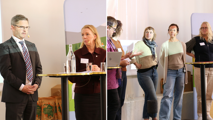 Statssekreterare Daniel Liljeberg i samtal med Anna Olofsson, vikarierande generaldirektör för Jordbruksverket. Till höger syns Anna Nordström, beredskapshandläggare på Jordbruksverket, tillsammans med Sofia Skörde och Jennie Johansson från Leader Västra Småland.