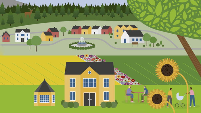Illustration med byggnader och människor i landsbygd.