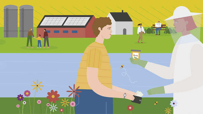 Illustration med bondgård i bakgrunden och biodlare i förgrunden.