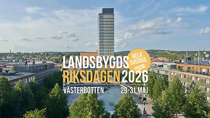 Foto på Sara kulturhus med logga för Landsbygdsriksdagen ovanpå.