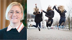 Bild på MAdeleine Stadig samt en bild på ungdomar som hoppar upp i luften