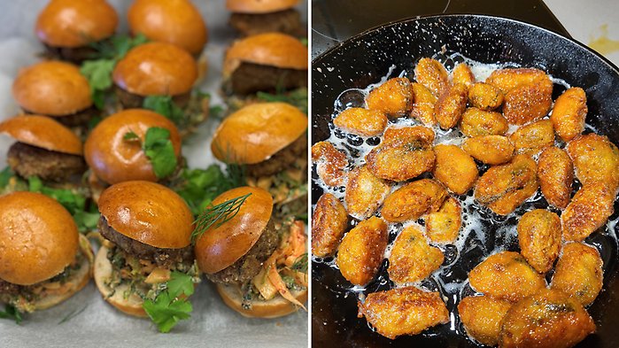 Fiskburgare uppställda för servering samt musselnuggets som steks i en stekpanna.