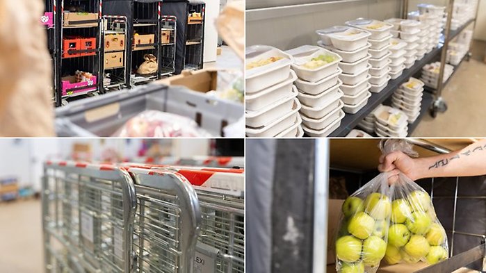 Ett bildmontage. Foton från Katrineholms kommuns samlastningscentral. Transportburar packas med olika livsmedel.