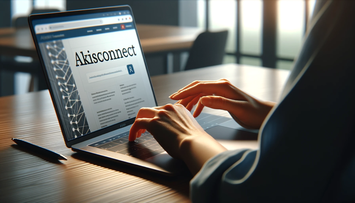 Händerna på en person som arbetar på en laptop där det på skärmen står akisconnect