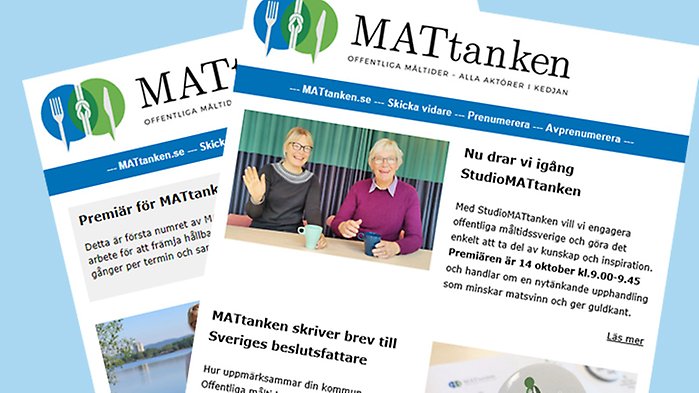 Montage där del av första numrena av MATtankens digitala nyhetsbrev syns.