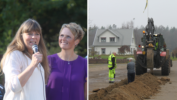 Kollagebild: Till vänster syns Matte Adolfsson tillsammans med Anna-Karin Hatt. Bilden till höger föreställer två män och en grävmaskin i samband med fiberutbyggnad.