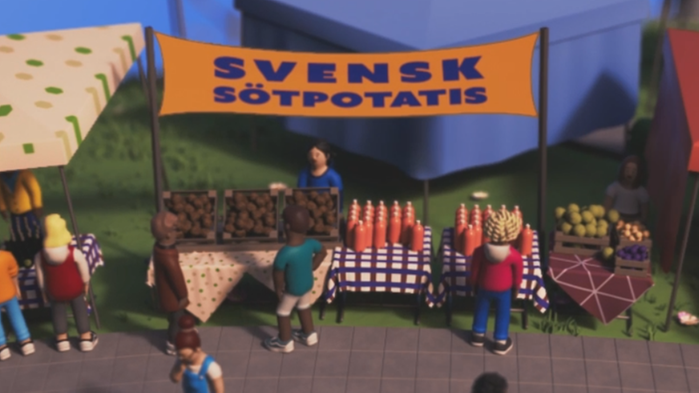 Marknadsstånd med texten "svensk sötpotatis".